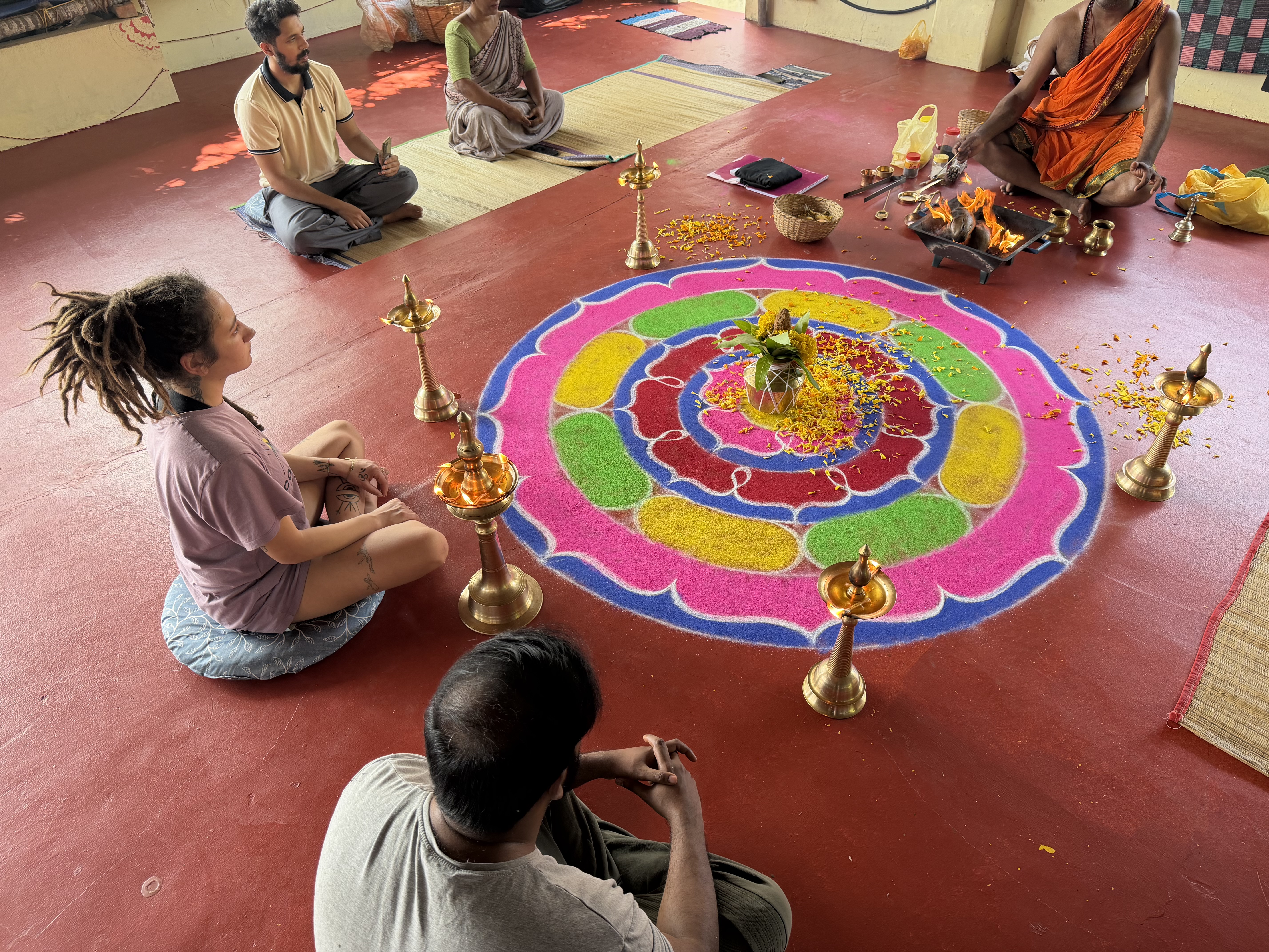 Students practicing yoga at Vrindavan International School of Yoga in Varkala